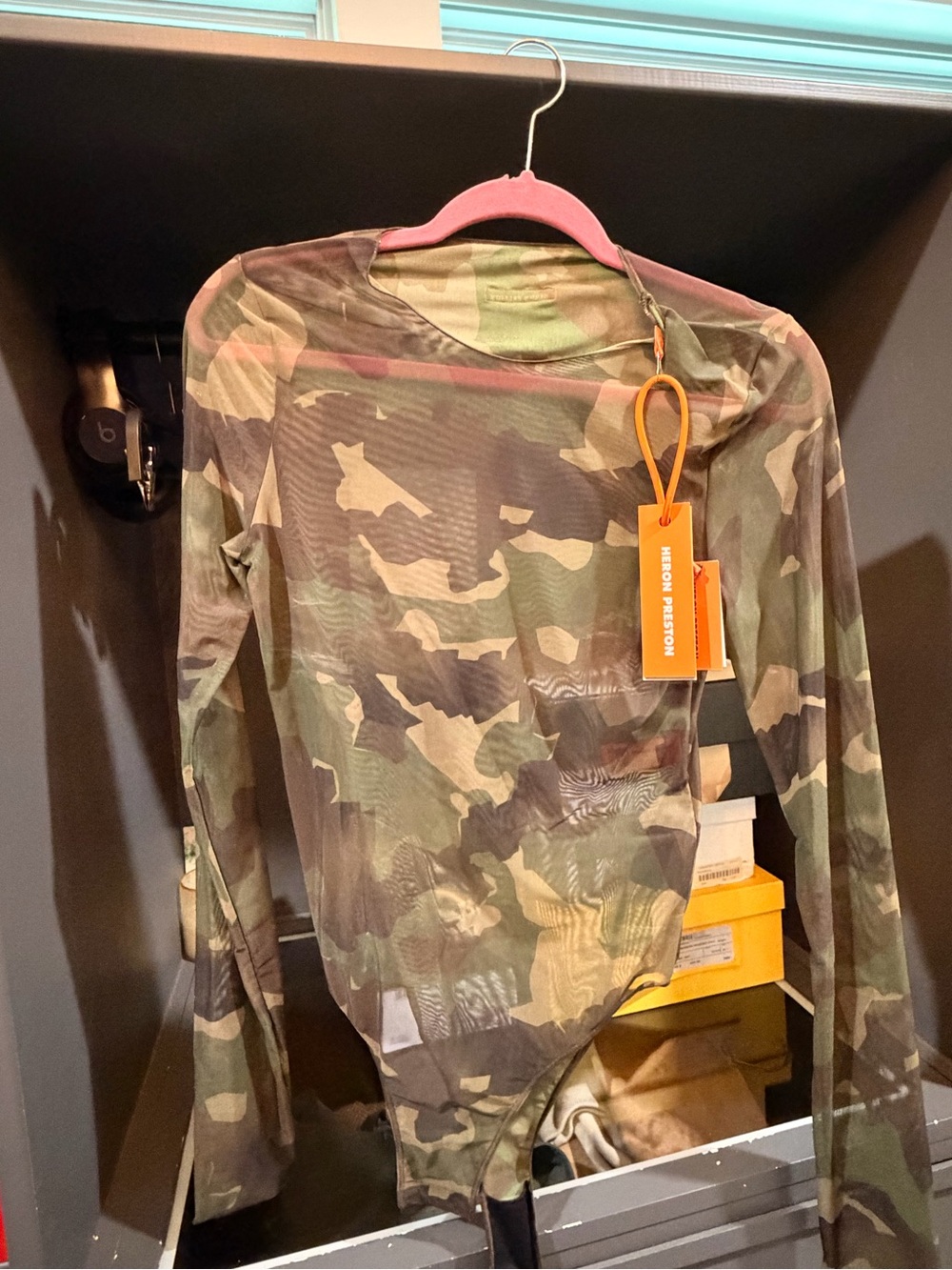 Heron Preston Olive Camo Sheer Top with Orange Cord Accent